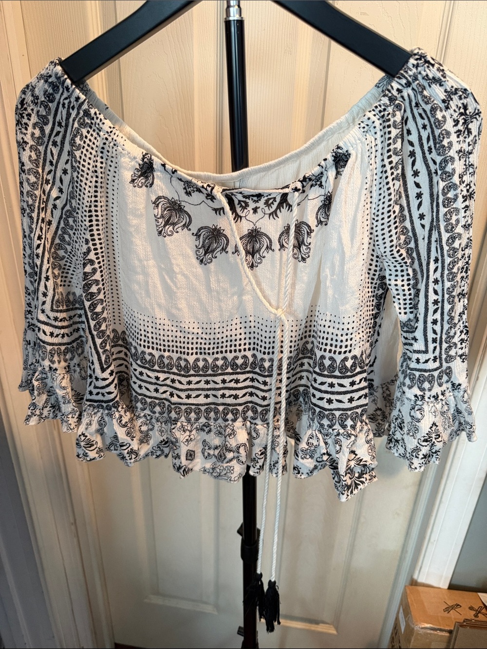 Rafa XS Boho Off-Shoulder Peasant Top — Black & White